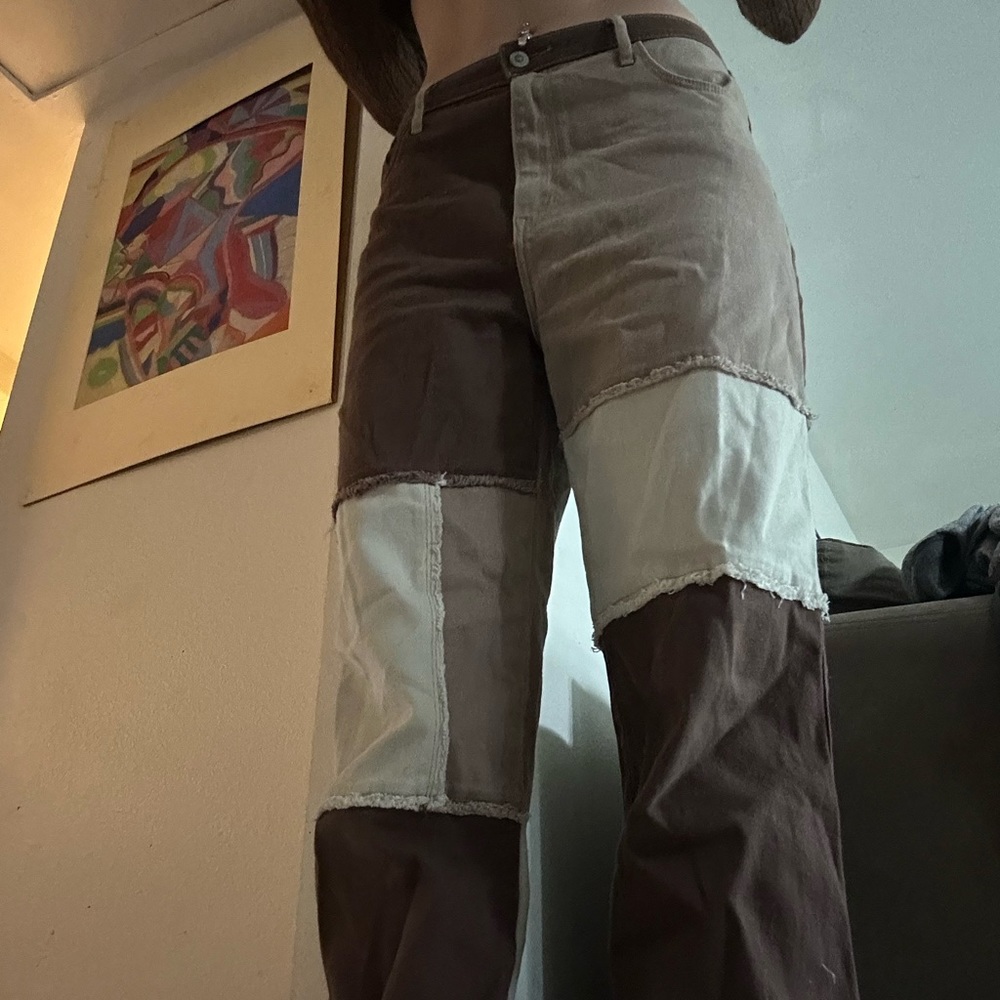 Brown, tan, white, Hollister ultra high rise dad jean